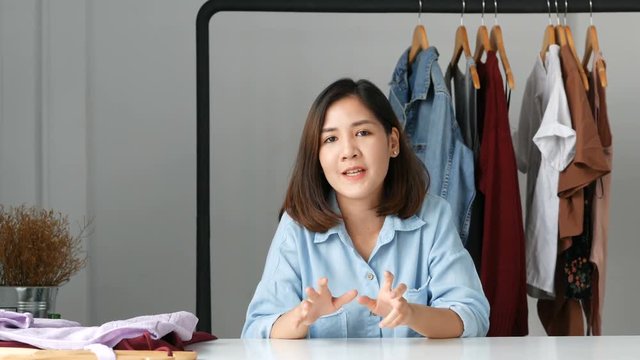 Young asian woman  influencer beauty fashion blogger presentation drass and dressing gown, jacket, jeans.