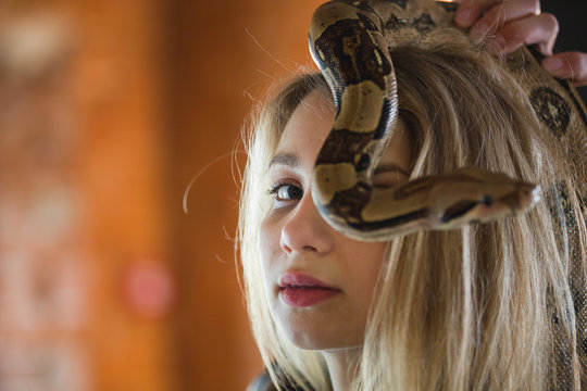 Portrait of beautiful young woman with a python on face