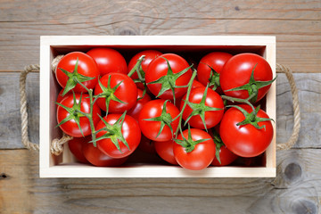 Ripe tomatoes in wooden box close-up