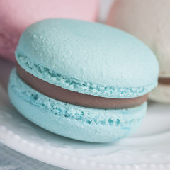 One blue macaroon with chocolate filling close-up