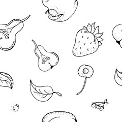 Fruit seamless pattern.Black and white contour monochrome.