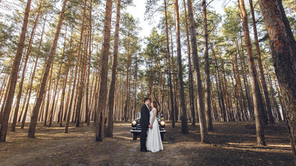 Just married wedding couple is standing near the retro vintage car in the park. Spring or autumn sunny day in forest. bride in elegant white dress with bouquet and elegant groom in love hugging.