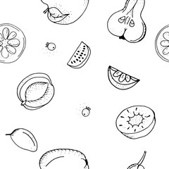 Fruit seamless pattern.Black and white contour monochrome.