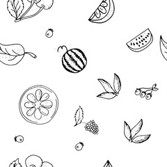 Fruit seamless pattern.Black and white contour monochrome.
