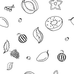 Fruit seamless pattern.Black and white contour monochrome.