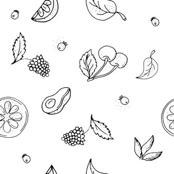 Fruit seamless pattern.Black and white contour monochrome.