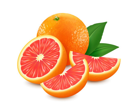Fresh grapefruits with leaf isolated on white background. Realistic vector illustration. 3d vector image.