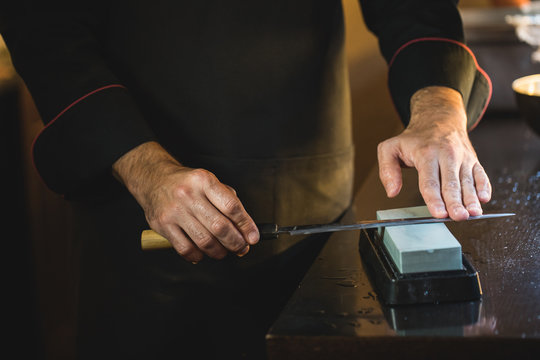 Japanese Chef Sharpening Japanese Knife