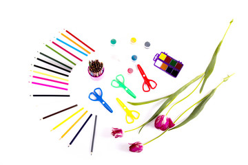 Children's art set of pencils scissors and paints