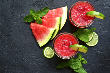 Watermelon smoothie with lime and mint.Top view.