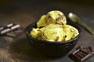 Homemade banana ice cream with chocolate.