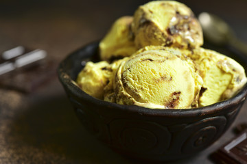 Homemade banana ice cream with chocolate.