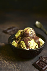 Homemade banana ice cream with chocolate.