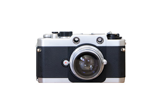 vintage camera on isolated white background.Old rangefinder retro camera vintage style.silver color classic camera with clipping path