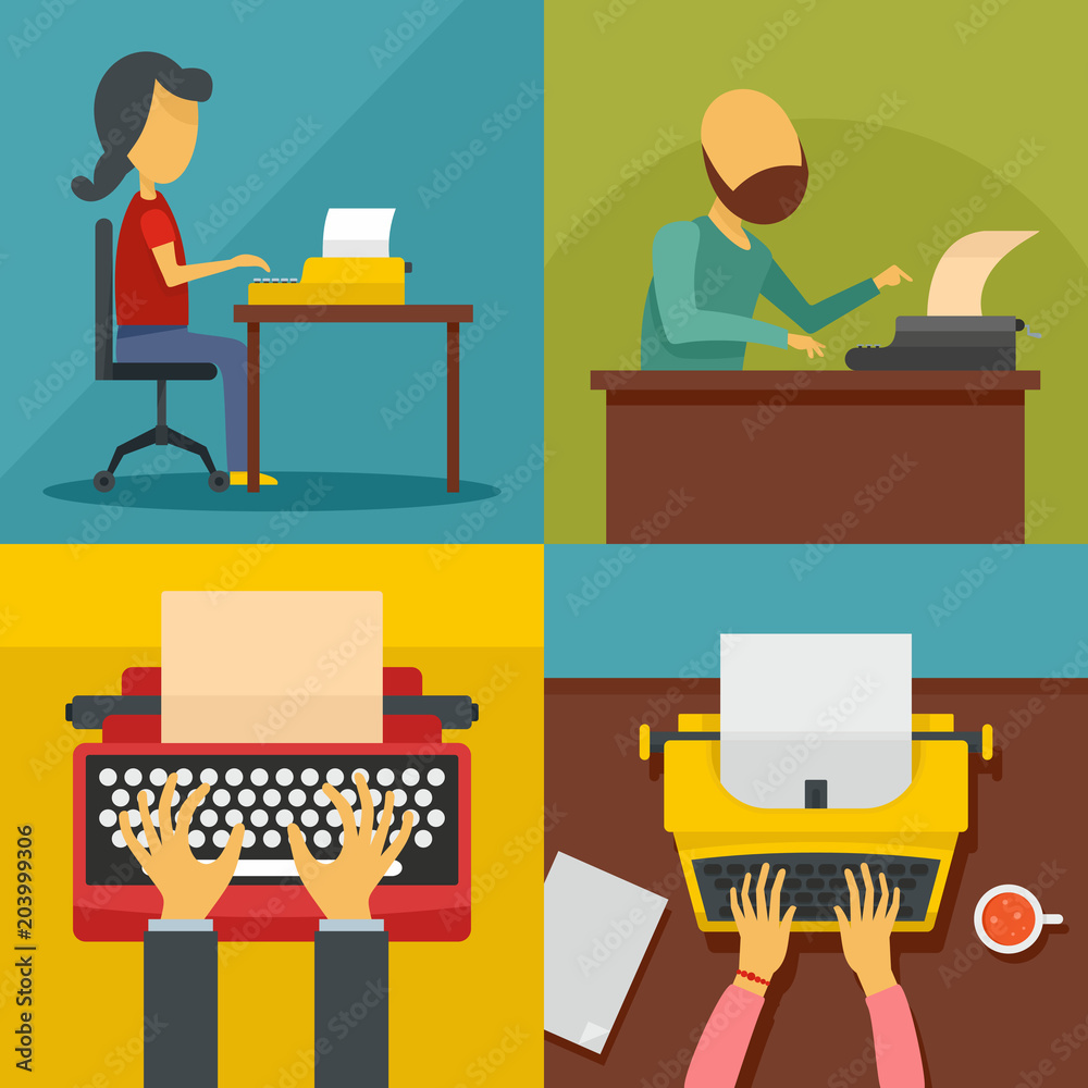 Poster typewriter machine keys old keyboard banner concept set. flat illustration of 4 typewriter machine k
