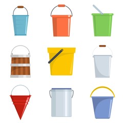 Bucket types container icons set. Flat illustration of 9 bucket types container vector icons isolated on white