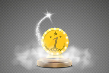 Winner background. First place of competition. Podium with spotlights. Smoke. With a flying glowing object. © exvanesko