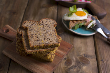 Fototapeta na wymiar Toast with egg and bacon. Fitness bread. Healthy eating. Tasty breakfast. Text