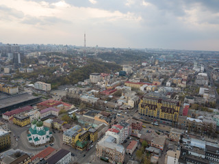Aerial view of the Podol district and the church of St. Nicholas the Pristisk. Kiev, Ukraine