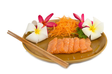 Salmon sashimi on dish with flower isolated on white background