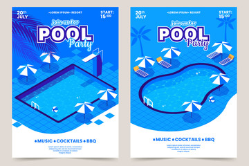 Summer pool party invitation poster. Isometric water swimming pool with sun beds, umbrellas and diving tower. Recreational resort. Vector illustration for summer event. Eps 10