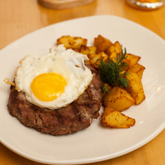  fried meat with egg and potatoes
