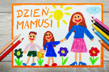 Obraz na płótnie Canvas Colorful drawing - Polish Mother's Day card with words: Mother's day