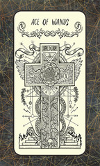 Ace of wands. Minor Arcana tarot card. The Magic Gate deck. Fantasy engraved illustration with occult mysterious symbols and esoteric concept, vintage background