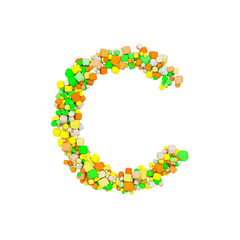 Alphabet letter C uppercase. Funny font made of orange, green and yellow shape cube. 3D render isolated on white background.
