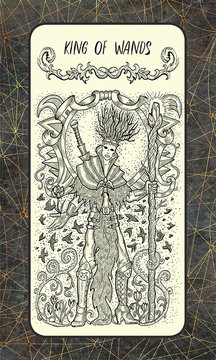 King of wands. Minor Arcana tarot card. The Magic Gate deck. Fantasy engraved illustration with occult mysterious symbols and esoteric concept, vintage background