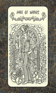 Page of wands. Minor Arcana tarot card. The Magic Gate deck. Fantasy engraved illustration with occult mysterious symbols and esoteric concept, vintage background