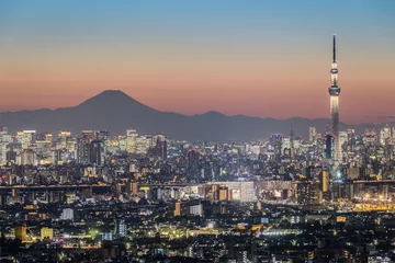 Foto auf Acrylglas Tokyo night view , Tokyo Skytree landmark with Tokyo downtown building area and Mountain Fuji in winter season © torsakarin