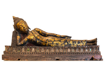 Buddha image in red lining position baked clay with lacquer found middle 17th century CE at Lopburi, Thailand. on white background isolated with clipping patch