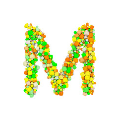 Alphabet letter M uppercase. Funny font made of orange, green and yellow shape cube. 3D render isolated on white background.