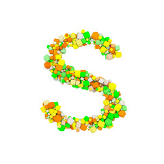Alphabet letter S uppercase. Funny font made of orange, green and yellow shape cube. 3D render isolated on white background.