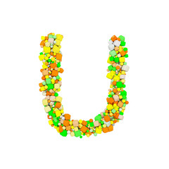 Alphabet letter U uppercase. Funny font made of orange, green and yellow shape cube. 3D render isolated on white background.