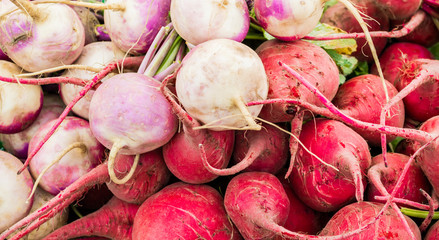 close up of bright red, pink and white radishes at a farmer's market