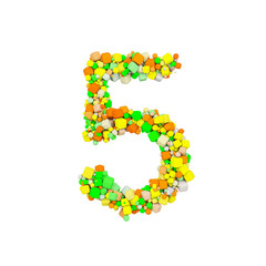 Alphabet number 5. Funny font made of orange, green and yellow shape cube. 3D render isolated on white background.