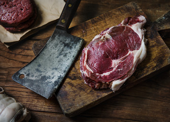 Tomahawk beef steak at a butcher shop