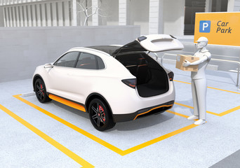 Delivery staff carrying cardboard box to white car trunk. Concept for car trunk delivery service. 3D rendering image.