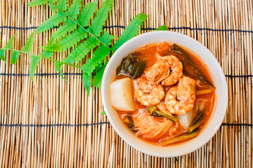Sour soup with shirm made of tamarind paste, thai food.