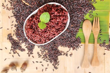 cooked black rice and raw organic riceberry rice