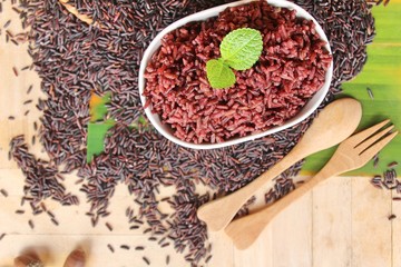 cooked black rice and raw organic riceberry rice