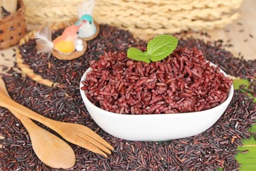 cooked black rice and raw organic riceberry rice