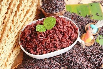 cooked black rice and raw organic riceberry rice