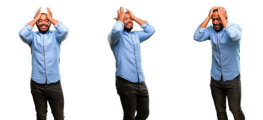Obraz premium African american man with beard terrified and nervous expressing anxiety and panic gesture, overwhelmed