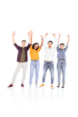 Obraz premium cheerful multicultural teenagers with outstretched arms isolated on white