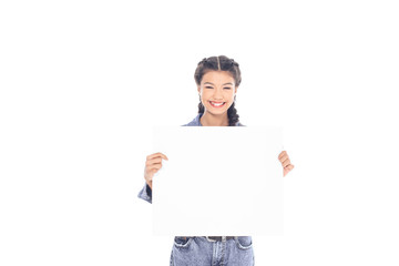portrait of smiling teenager with blank banner in hands isolated on white