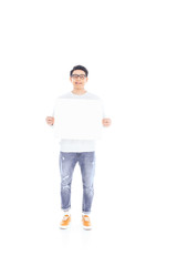 smiling asian teenager with empty banner in hands isolated on white