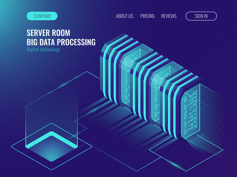 Cloud server room concept, data center, processing big data, networking process, data routing and storage ultraviolet isometric vector illustration